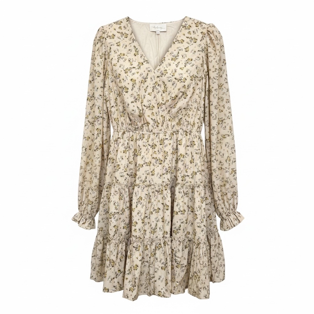Cream Floral Dress – Feminine Lined Midi w/ Ruffle Sleeves | Size Medium